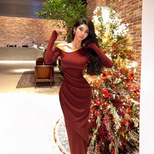 instunning法式高级感斜肩长袖红色礼服裙女圣诞年会褶皱宴会礼服