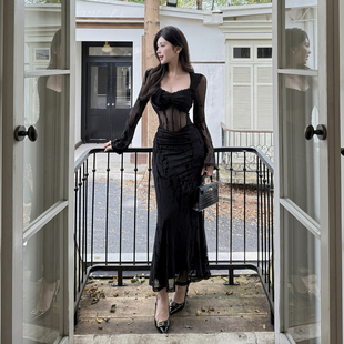 性感风网纱黑色长袖旗袍连衣裙女秋季气质收腰显瘦鱼骨包臀鱼尾裙