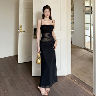 instunning纯欲辣妹风黑色网纱吊带连衣裙女性感修身缎面包臀长裙