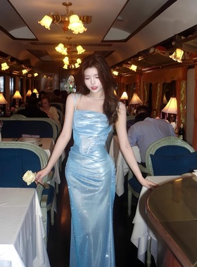 法式高级感宴会晚礼服裙女设计感收腰长裙生日节日蓝色闪闪吊带裙