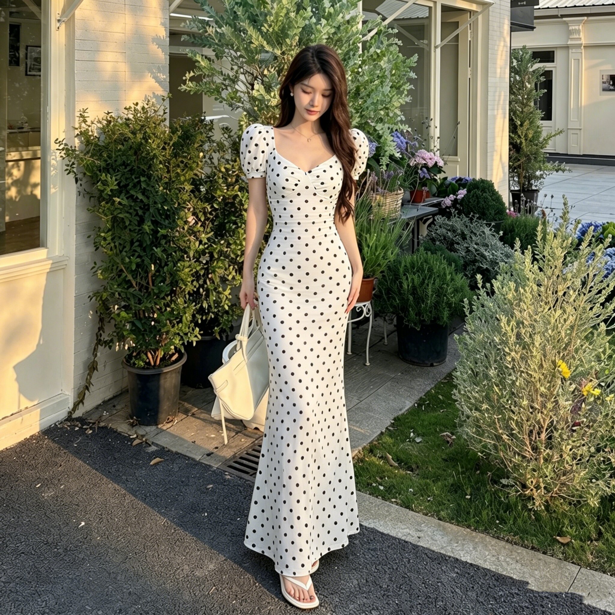 高级感度假风波点泡泡连衣裙女收腰修身杏色裙子法式甜美方领长裙