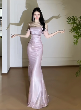 高级感宴会闪闪一字领礼服裙女名媛气质包臀裙子生日晚宴气质长裙