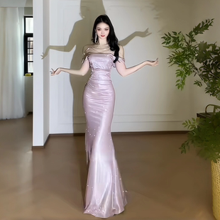 高级感宴会闪闪一字领礼服裙女名媛气质包臀裙子生日晚宴气质长裙