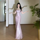 高级感宴会闪闪一字领礼服裙女名媛气质包臀裙子生日晚宴气质长裙