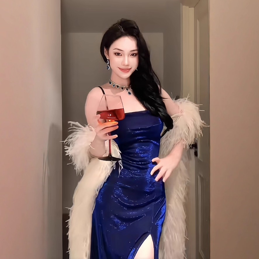 御姐蓝色亮丝闪闪礼服裙女