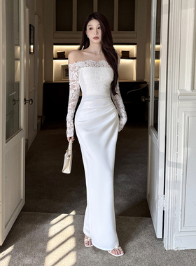 instunning法式轻婚纱高级感一字肩蕾丝连衣裙女名媛白色宴会礼服