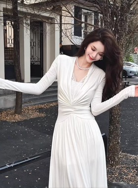 instunning法式气质蕾丝白色v领长袖连衣裙女2025新款高级感长裙