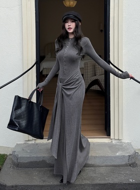 高级感灰色莫代尔长袖连衣裙女秋冬修身显瘦绑带包臀裙设计感长裙