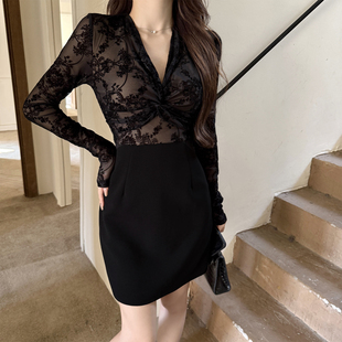 包臀裙子 短款 instunning御姐蕾丝内搭扭结V领长袖 连衣裙气质修身
