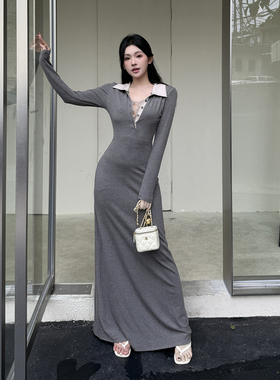 instunning巨好看早秋灰色针织连衣裙女2025新款显瘦蕾丝长袖长裙