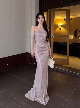 粉色闪闪一字肩敬酒礼服裙女高级感收腰鱼尾裙生日气质晚礼服长裙