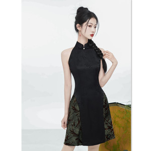 二小姐旗袍｜绣仿醋酸提花短款挂脖性感旗袍夏新款时尚改良