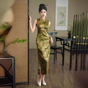 二小姐旗袍｜旗袍复古长款双层年轻款提花修身中国风连衣裙