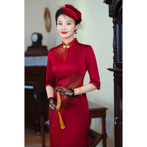 二小姐秋季新品女儿出阁妈妈高端旗袍长款七分袖喜婆婆出席