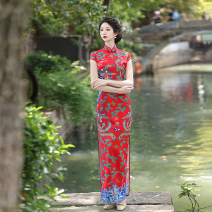 二小姐旗袍｜演出服旗袍长款新款东北改良花布修身连衣裙走秀