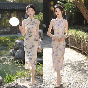 二小姐旗袍｜挂脖旗袍新款女夏季复古中国风网纱长款