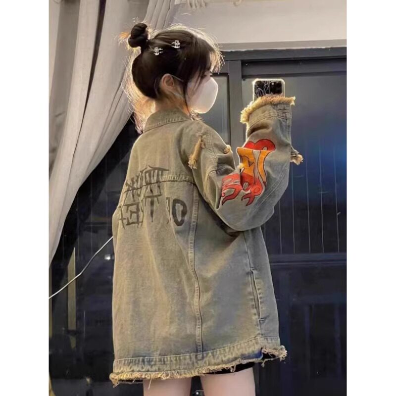2023春秋新款毛边火焰刺绣破洞牛仔外套女学生中长款炸街夹克衫潮