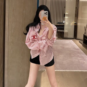 小众潮牌刺绣粉色条纹衬衣女薄款防晒衣夏洋气减龄慵懒风衬衫上衣