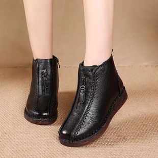 真皮妈妈鞋秋冬款软底短靴女中老年舒适不累脚加绒超软牛筋底皮鞋