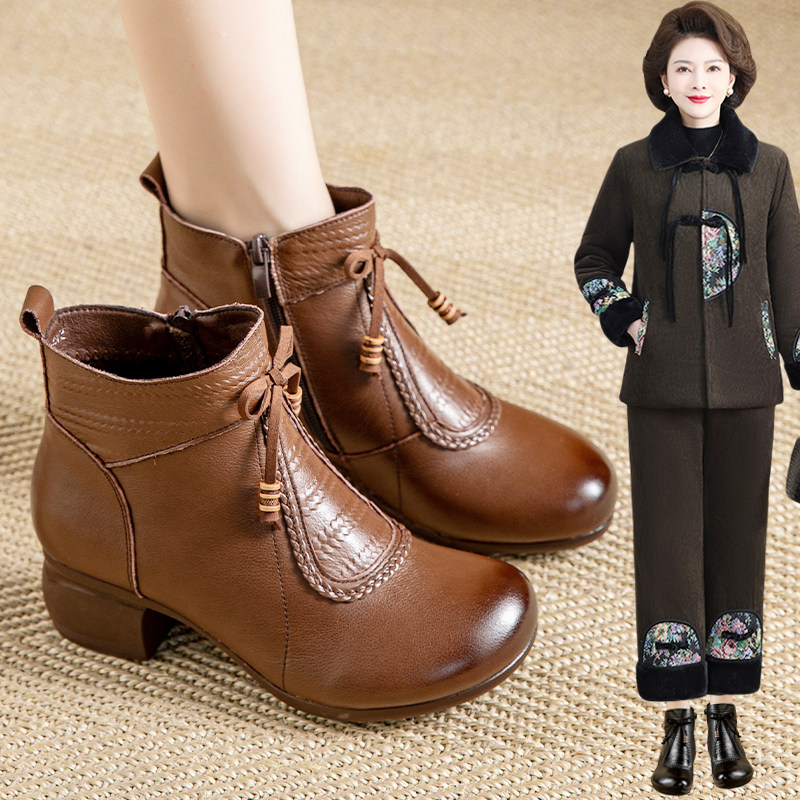优雅妈妈女式皮靴50岁左右中老年短靴加绒保暖东北棉鞋粗跟棉靴子