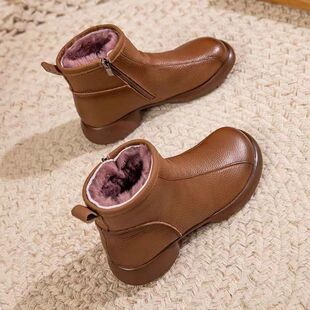 牛皮妈妈鞋子冬季加绒加厚羊毛舒适防滑真皮软底短靴女中老年皮鞋