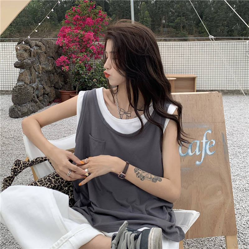 Real shot fake two sleeveless T-shirts women's loose reduced age round neck top versatile fashion vest inside