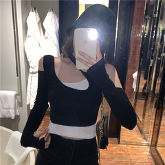 Real shooting spring dress, slim fitting, two pieces of fake design, slant collar, short long sleeve T-shirt