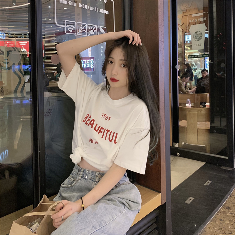 Real shot net red loose Korean letter printing short sleeve cotton T-shirt