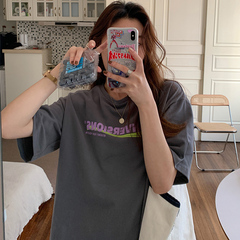 Real shot Korean new letter printing short sleeve T-shirt women's loose medium length half sleeve top