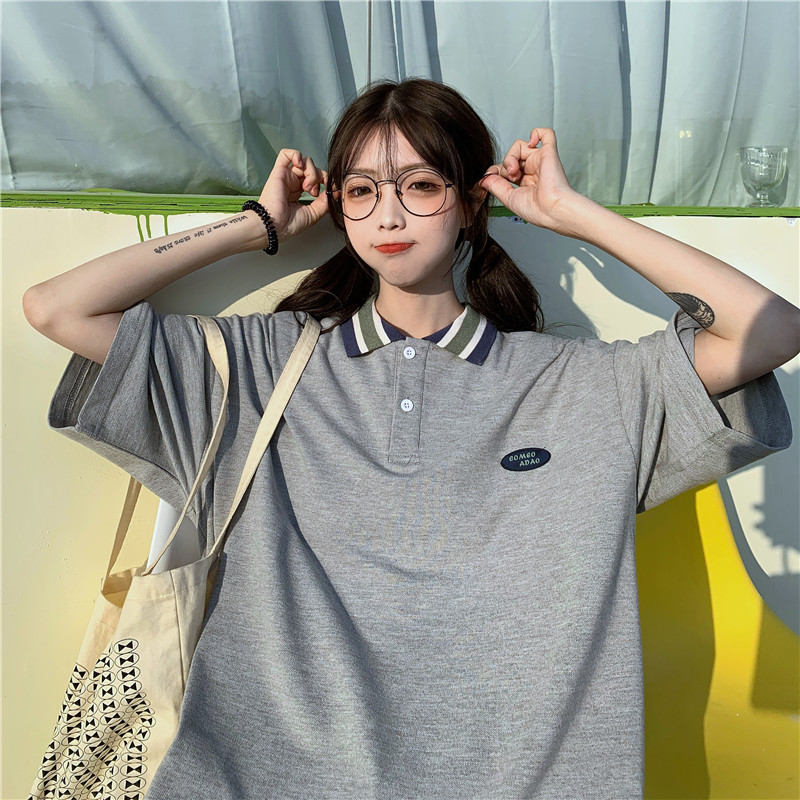 Real neck letter embroidery loose short sleeve T-shirt