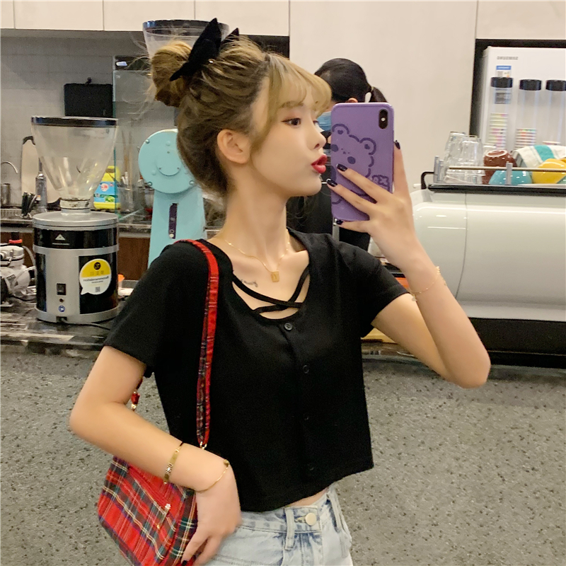實拍 交叉設計感圓領高腰短款修身純色短袖T恤女