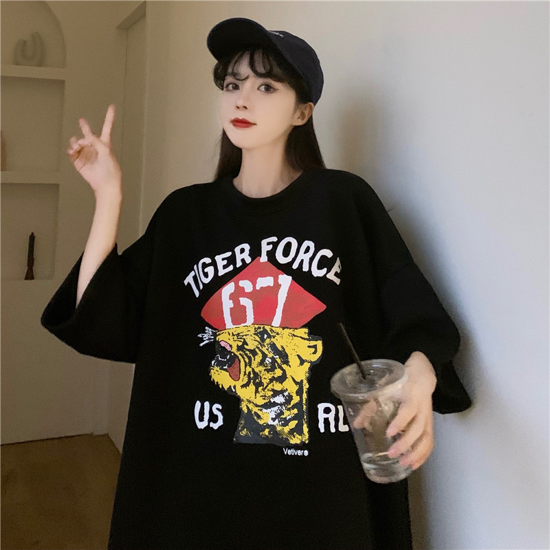 Real shot tiger head print loose half sleeve top fashion summer Korean Short Sleeve T-Shirt