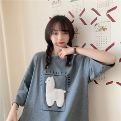Real shot short sleeve t-shirt female loose Korean version lovely Alpaca top fashion net red