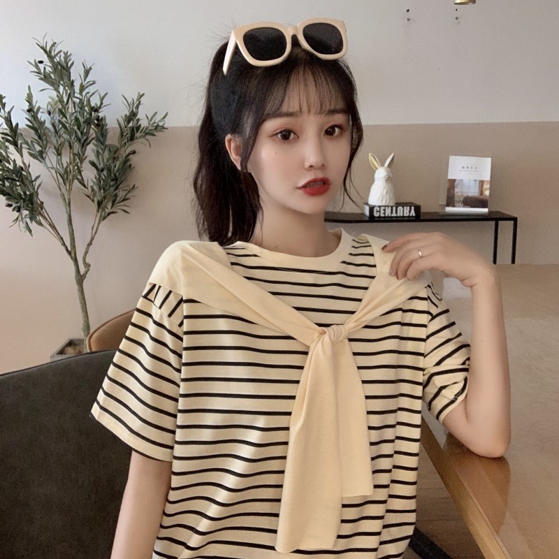 實拍超火條紋短袖恤女寬鬆韓版慵懶風假兩件上衣