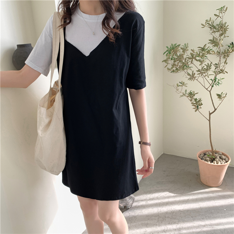 Real shot fake two pieces temperament dress women's summer French small T-shirt skirt