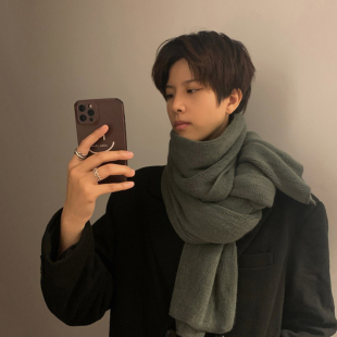 韩版 加厚保暖学生情侣围脖男百搭披肩潮 纯色针织毛线围巾男秋冬季