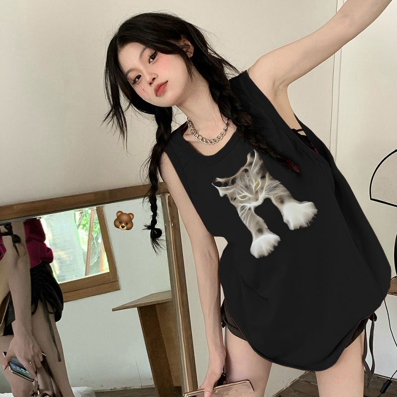 美式纯棉坎肩吊带背心女夏季宽松外穿中长款黑色无袖辣妹t恤上衣