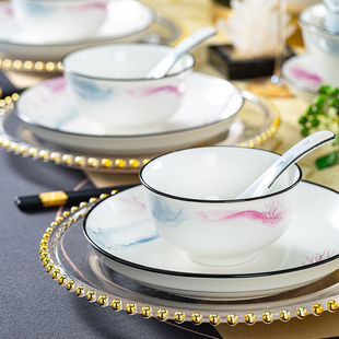 饭碗盘子餐具组合套装 陶瓷碗水墨中式 简约碗碟套装 碗家用2025新款