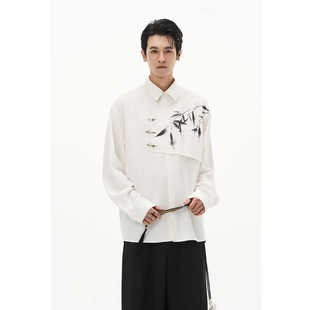 DIBINSAI 「竹下听风」新中式国风水墨竹子印花 结构拼接长袖衬衣