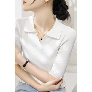 女修身 白色POLO领五分袖 针织衫 新款 显瘦商务休闲通勤风上衣 夏季