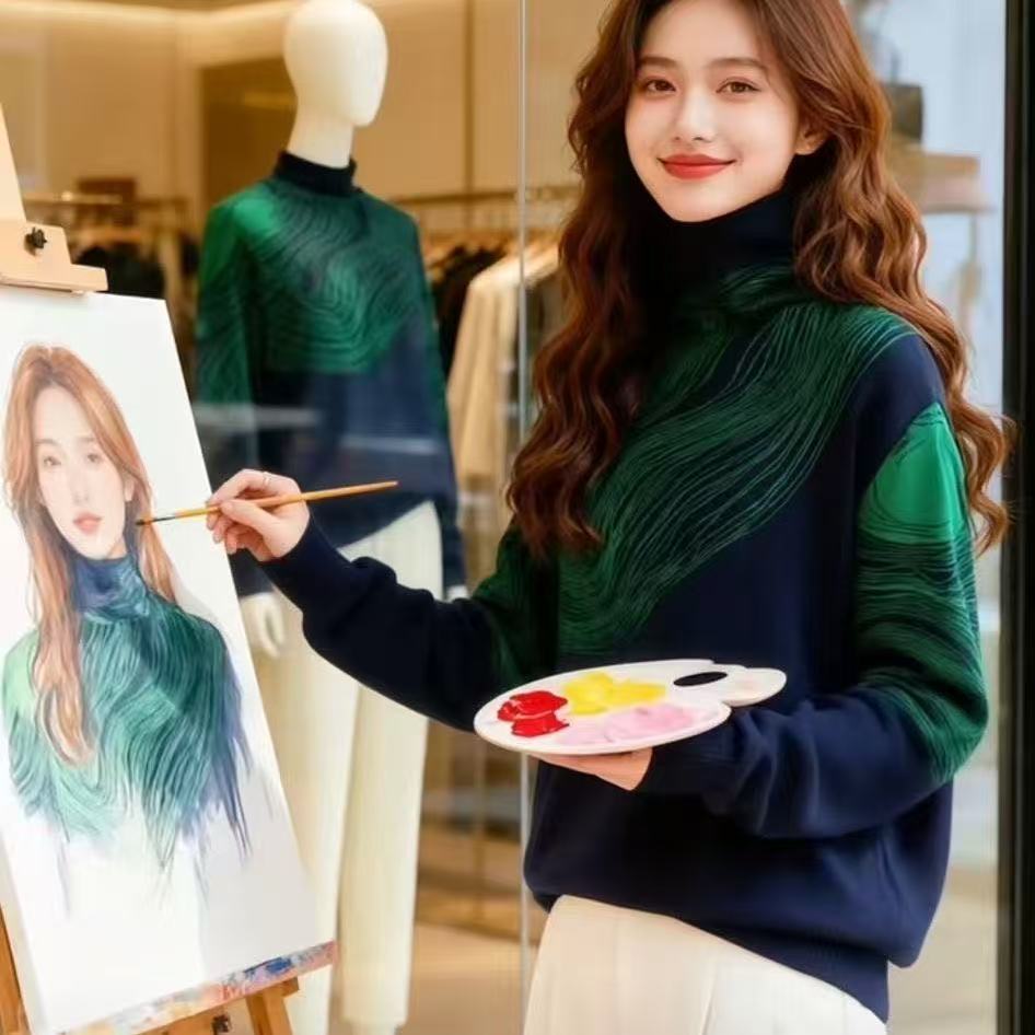 法式撞色高领提花针织毛衣女秋冬