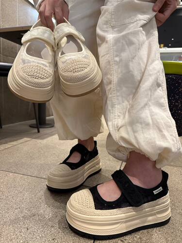 超轻厚底蕾丝网玛丽珍鞋渔夫鞋女2026夏季透气休闲魔术贴浅口单鞋