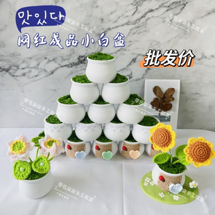 成品毛线钩织小盆栽塑料花盆仿红陶迷你车载摆件新款防摔专用泡沫