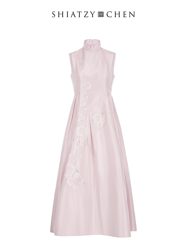 SHIATZYCHEN真丝立领刺绣连衣裙