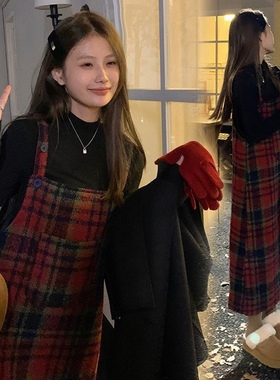 大码女装胖mm秋冬复古红色格子毛呢背带连衣裙毛衣两件套装200斤