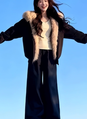 美式复古座山雕双面穿毛绒领连帽棉服女秋冬小个子设计感保暖外套