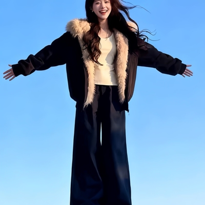 美式复古座山雕双面穿毛绒领连帽棉服女秋冬小个子设计感保暖外套