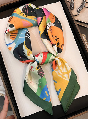 可爱卡通猫猫头丝巾2026春季新款百搭时尚小方巾女通勤装饰领巾