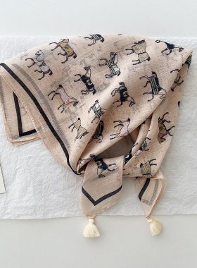 韩版新款小马图案方巾女春夏季百搭防晒带穗头巾海边拍照装饰