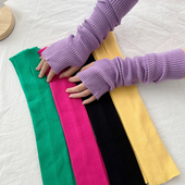 袖 日系针织毛线手套女秋冬新款 露指可触屏防寒保暖护臂纯色长款 套